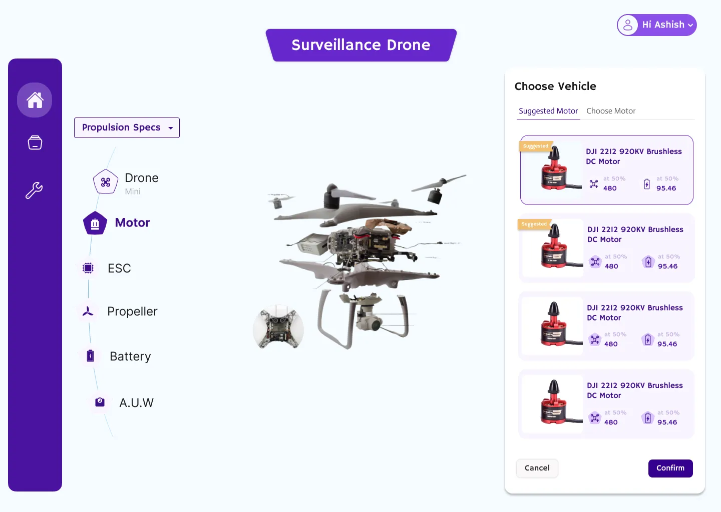 Propulsion engineer build view: suggested and compatible parts over an exploded drone render