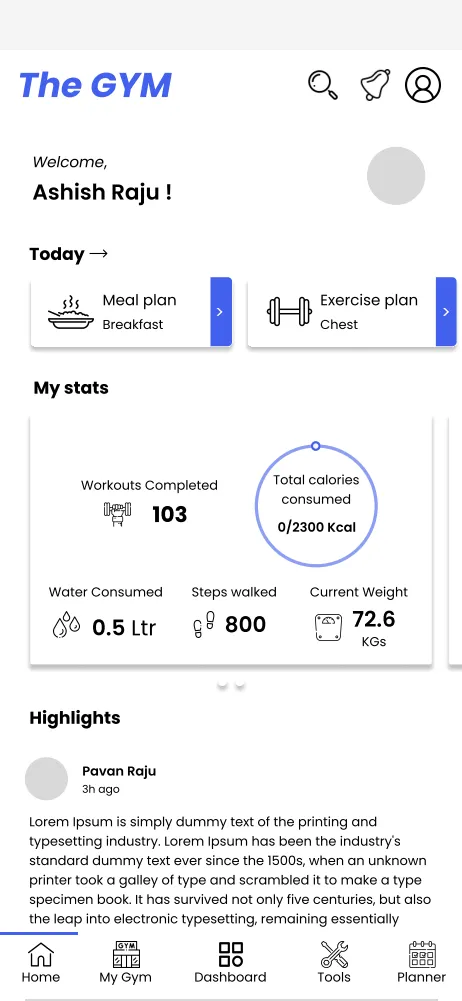 Home screen with workout stats, calorie summary, and quick actions