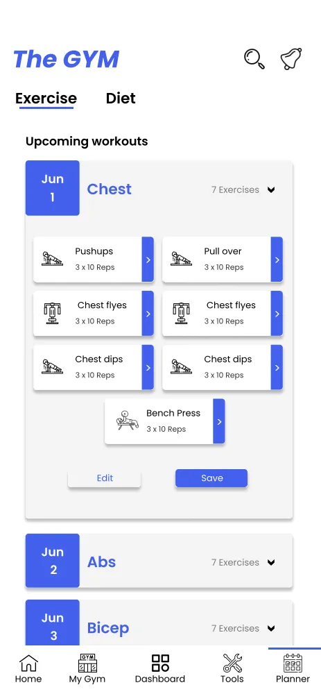 Planner with an expanded day showing exercises and meals