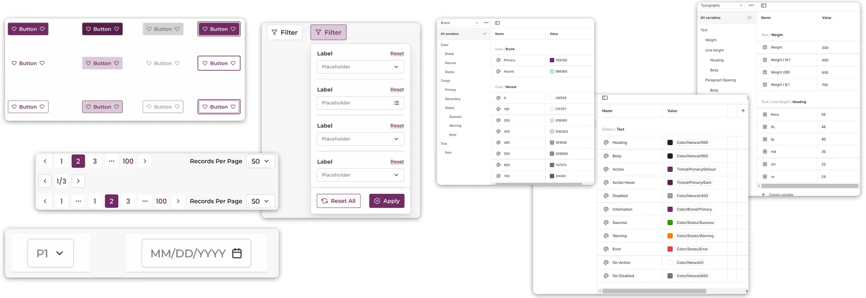 Design system components: button variant grids, pagination, filter panels, and color and typography token tables