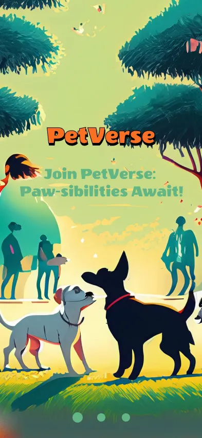 PetVerse welcome screen with playful logotype and tagline